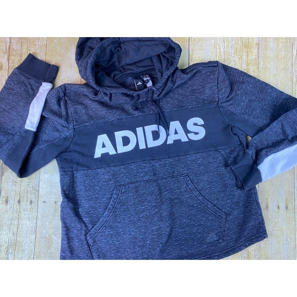 Adidas Cropped Melange Gray Black White Pullover Hoodie Sweatshirt Womens‎ L EUC